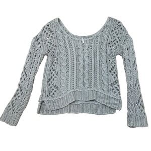 Free People Open Cable Knit Sweater‎ Women's Small Tan Gray Cropped Pullover